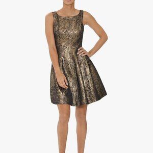 Beautiful jacquard fit and flare party dress by Halston in antique gold - size 6